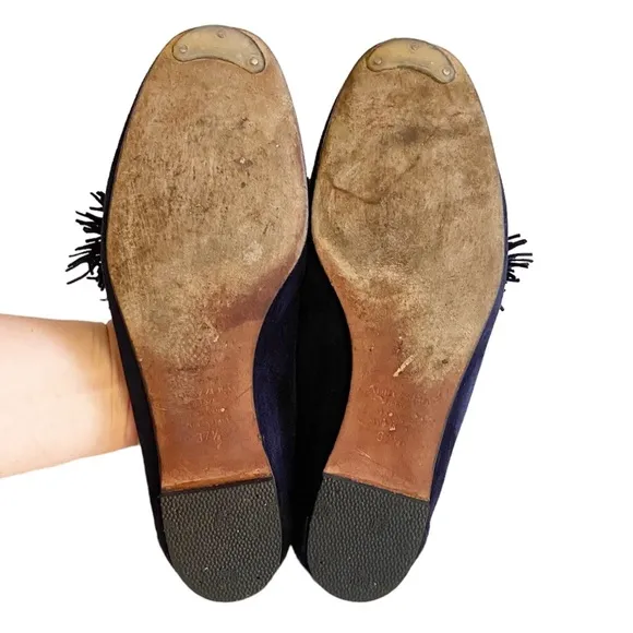 AQUAZZURA Wild Thing fringed navy suede loafers size EU 37.5 US 7.5