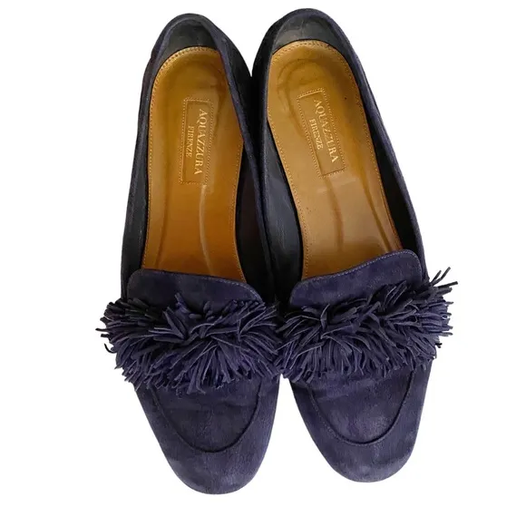 AQUAZZURA Wild Thing fringed navy suede loafers size EU 37.5 US 7.5