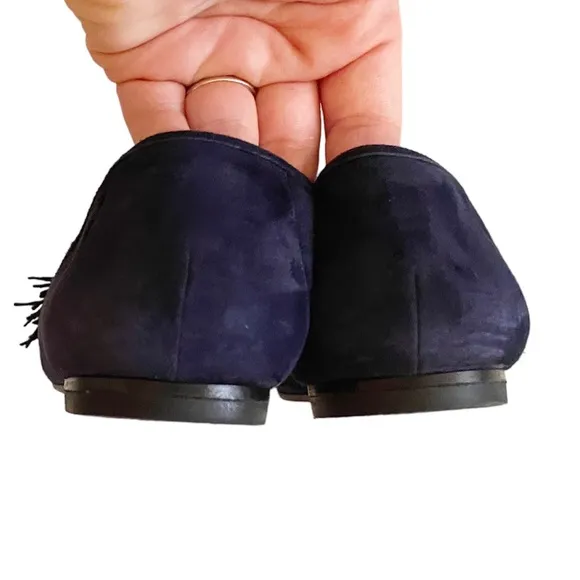 AQUAZZURA Wild Thing fringed navy suede loafers size EU 37.5 US 7.5