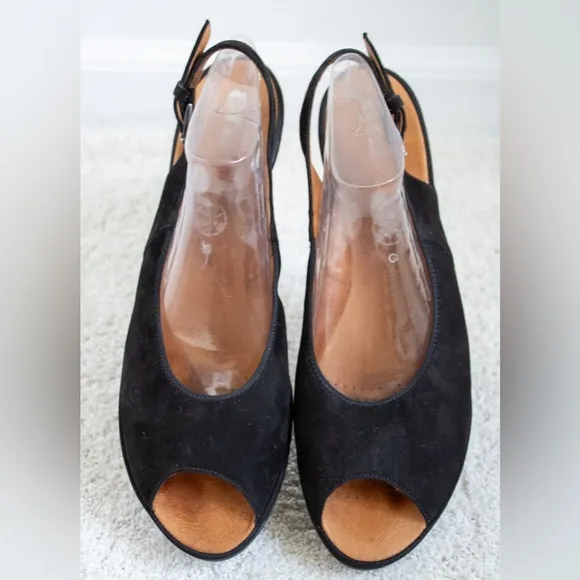 Ara Slingback Suede Leather Wedge Comfortable PeepToe Women’s Black Sandal Sz 11