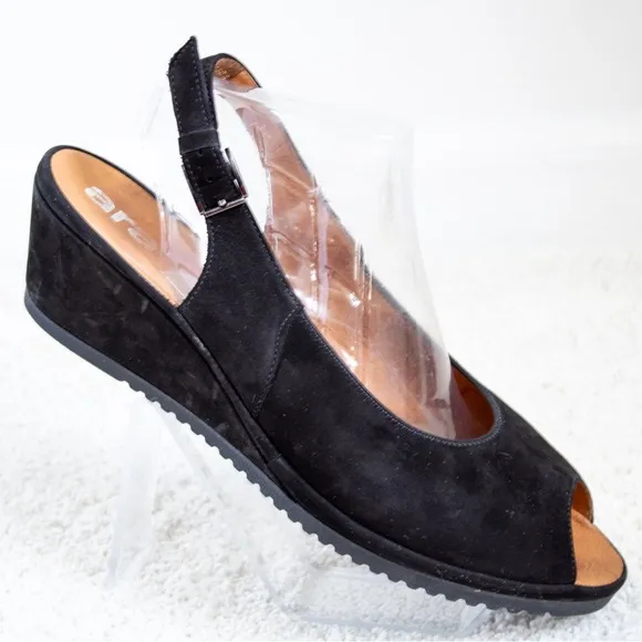Ara Slingback Suede Leather Wedge Comfortable PeepToe Women’s Black Sandal Sz 11