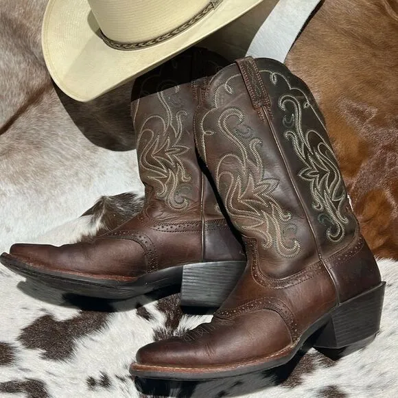 Ariat 15834 Legend Square Toe Brown Pull On Leather Cowboy Boots - 9B  BB2