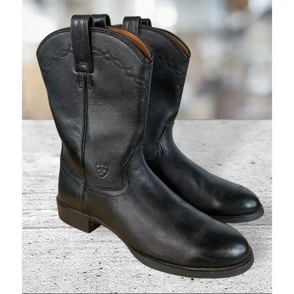 Ariat  35501 Black Heritage Roper Western Leather Black Boots Men's Size 10 D