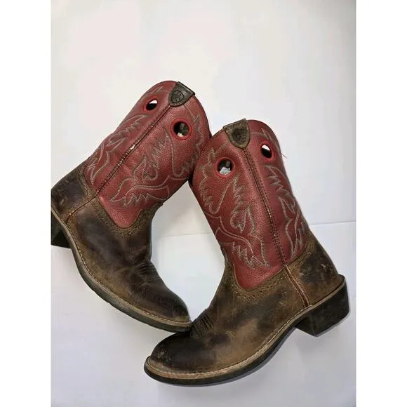 Ariat Brown &amp; Red Leather Fatbaby Heritage Western Riding Boots US 3