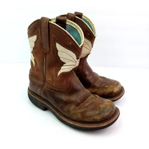 Ariat Fatbaby Wings Girls Size 1.5Y Brown Leather Pull On Western Cowboy Boots