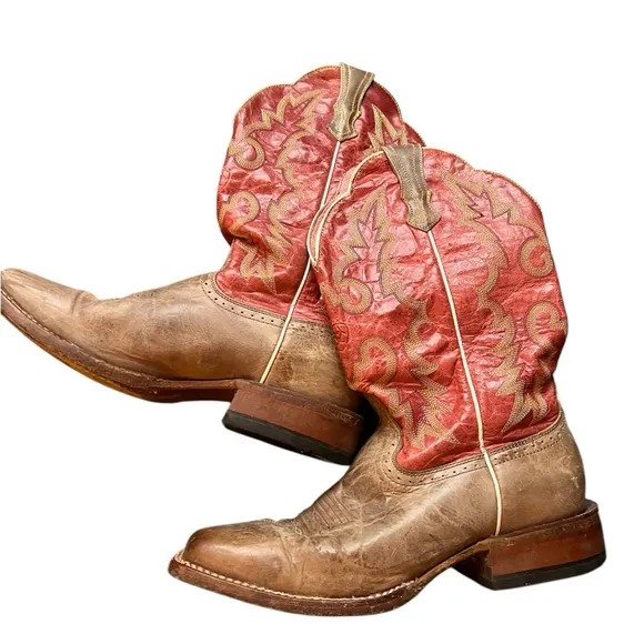 ARIAT Leather Western Boots 9 B Pull On Wine Taupe Square Toe