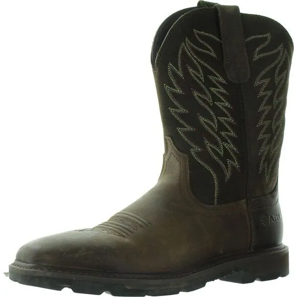 Ariat Mens Workhog Pull-On H20 Brown Leather Cowboy, Western Boots Shoes Used