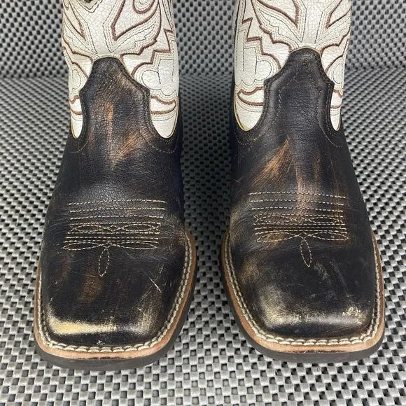 Ariat Sorting Pen Cowboy Boots Kids Youth 1.5 Brown White Western Square Toe
