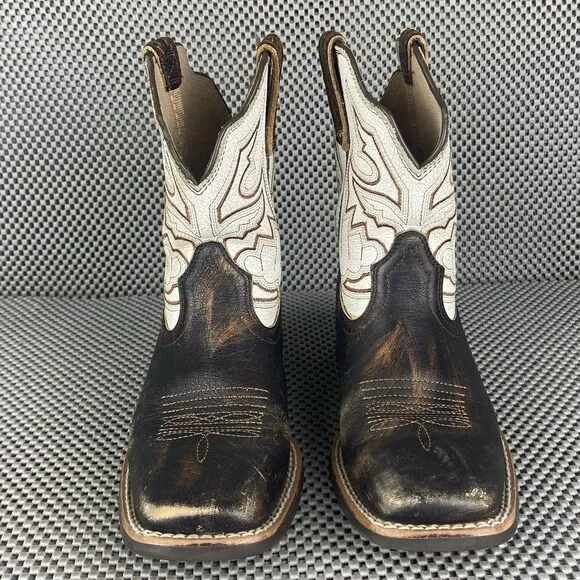 Ariat Sorting Pen Cowboy Boots Kids Youth 1.5 Brown White Western Square Toe