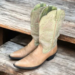 Ariat Tan and Green Western Cowboy Boots Women’s Size 10
