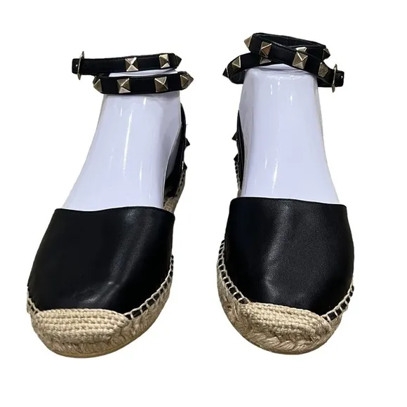 Ash Black Gold Studded Ankle Strap Espadrille Platform Sandals Size 35 Women's