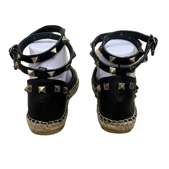Ash Black Gold Studded Ankle Strap Espadrille Platform Sandals Size 35 Women's