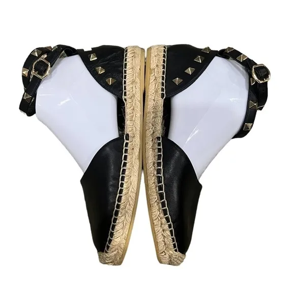 Ash Black Gold Studded Ankle Strap Espadrille Platform Sandals Size 35 Women's