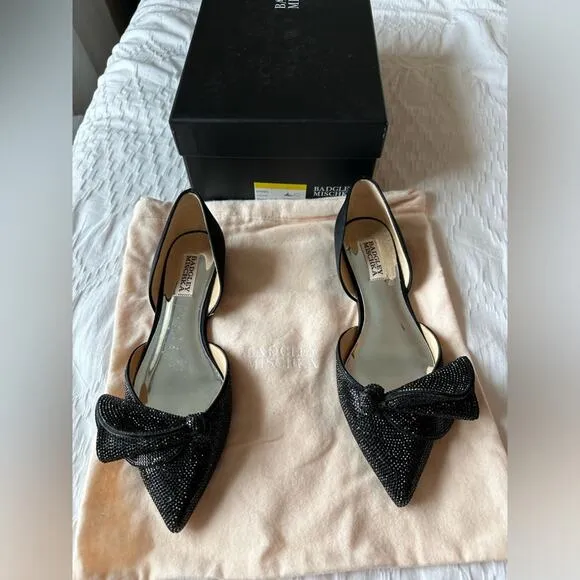 BADGLEY MISCHKA Black Satin Ileana Leather Dorsay Flats Size 8 New In Box