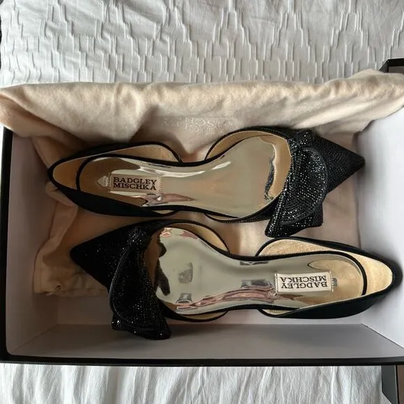 BADGLEY MISCHKA Black Satin Ileana Leather Dorsay Flats Size 8 New In Box