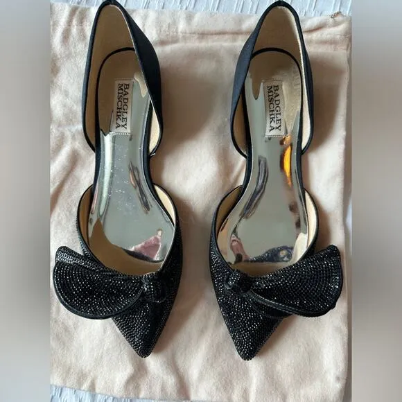 BADGLEY MISCHKA Black Satin Ileana Leather Dorsay Flats Size 8 New In Box