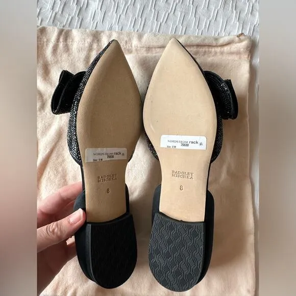 BADGLEY MISCHKA Black Satin Ileana Leather Dorsay Flats Size 8 New In Box