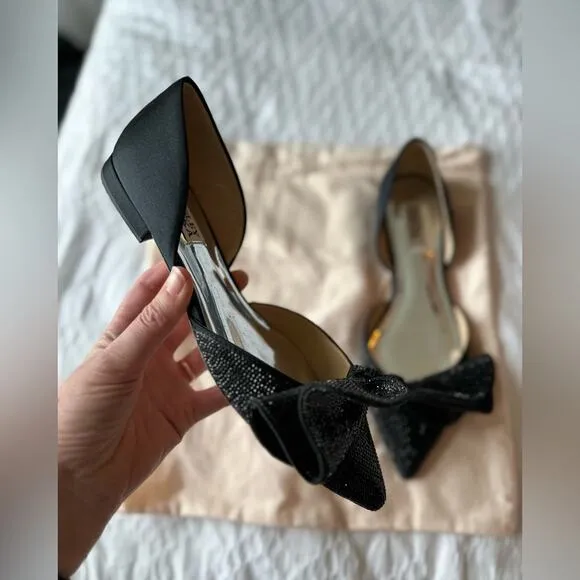 BADGLEY MISCHKA Black Satin Ileana Leather Dorsay Flats Size 8 New In Box