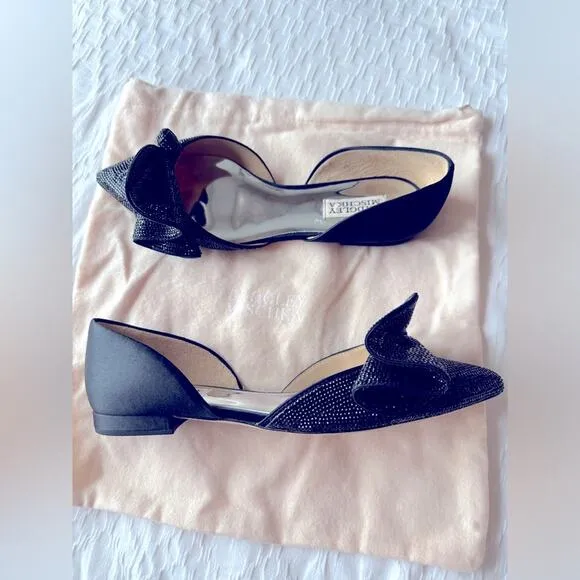 BADGLEY MISCHKA Black Satin Ileana Leather Dorsay Flats Size 8 New In Box