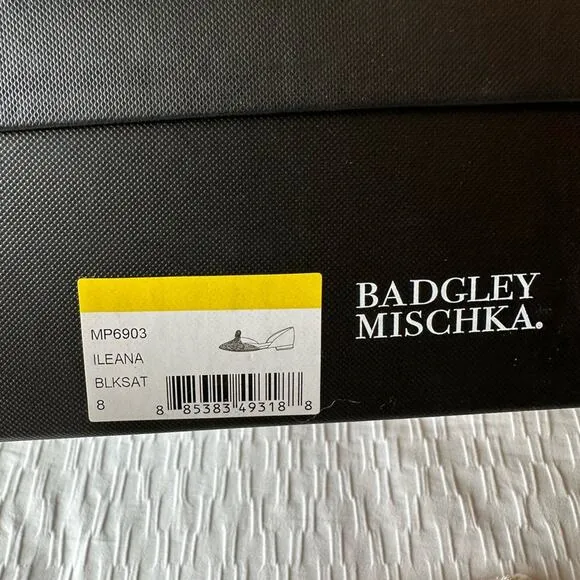BADGLEY MISCHKA Black Satin Ileana Leather Dorsay Flats Size 8 New In Box