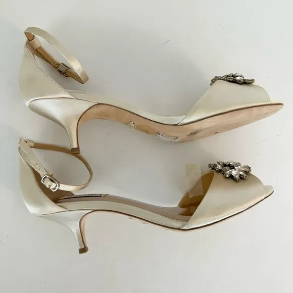 Badgley Mischka Crystal Kitten Heel Satin Ivory Shoes Sandals Embellishment 9.5