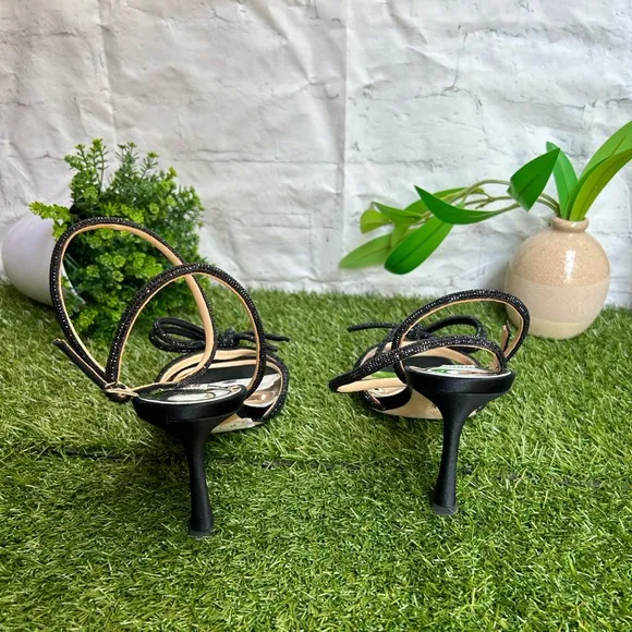 Badgley Mischka Effie glitter satin cocktail sandals with crystal trim black 8.5