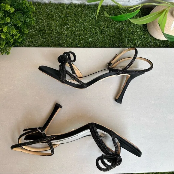 Badgley Mischka Effie glitter satin cocktail sandals with crystal trim black 8.5