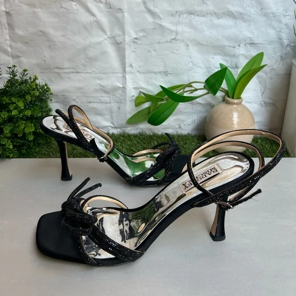 Badgley Mischka Effie glitter satin cocktail sandals with crystal trim black 8.5