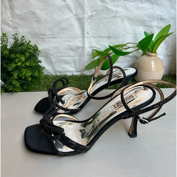 Badgley Mischka Effie glitter satin cocktail sandals with crystal trim black 8.5