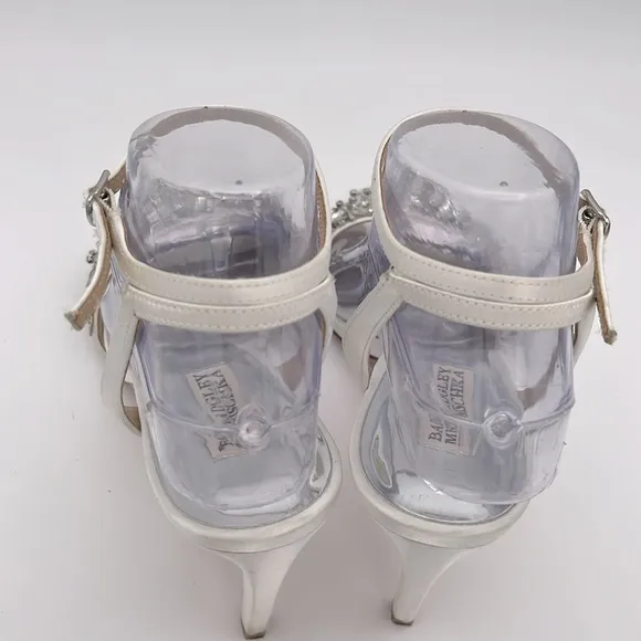 BADGLEY MISCHKA women’s Rider in white sling‎ back &amp; ankle strap heels sandals 8
