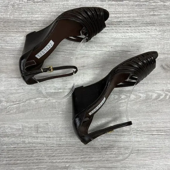 BARNEYS NEW YORK Brown Leather Ankle Strap Sandals Sz 8 Eur 39 Made In Italy