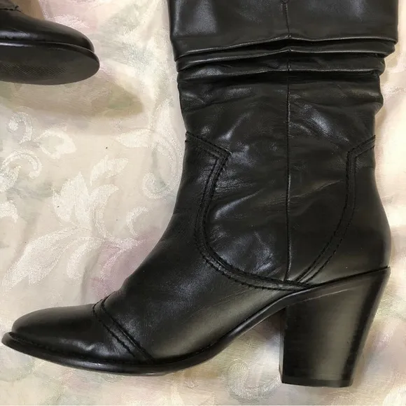 BCBGeneration BG Silk Black Leather Mid Calf Pull On Heeled Boots Size 7.5