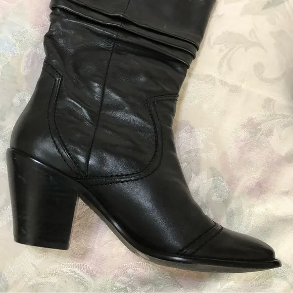 BCBGeneration BG Silk Black Leather Mid Calf Pull On Heeled Boots Size 7.5