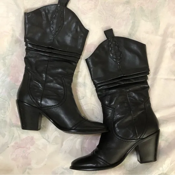 BCBGeneration BG Silk Black Leather Mid Calf Pull On Heeled Boots Size 7.5
