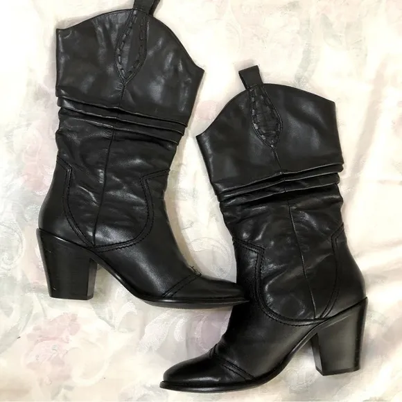 BCBGeneration BG Silk Black Leather Mid Calf Pull On Heeled Boots Size 7.5