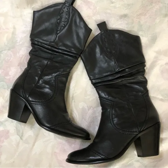 BCBGeneration BG Silk Black Leather Mid Calf Pull On Heeled Boots Size 7.5