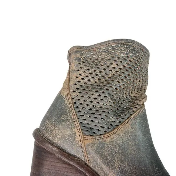 Bed Stu DUCHESS Leather Wedge Ankle Boots Perforated Upper in Gray Smoke 10 M