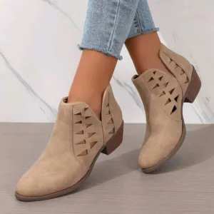 Beige Hollowed-Out Thick Heel Women's Ankle Boots And Short Boots