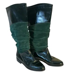 Bellesco Made In Italy Green Leather &amp; Suede Scrunch Pull On Riding Boot  Sz 6.5