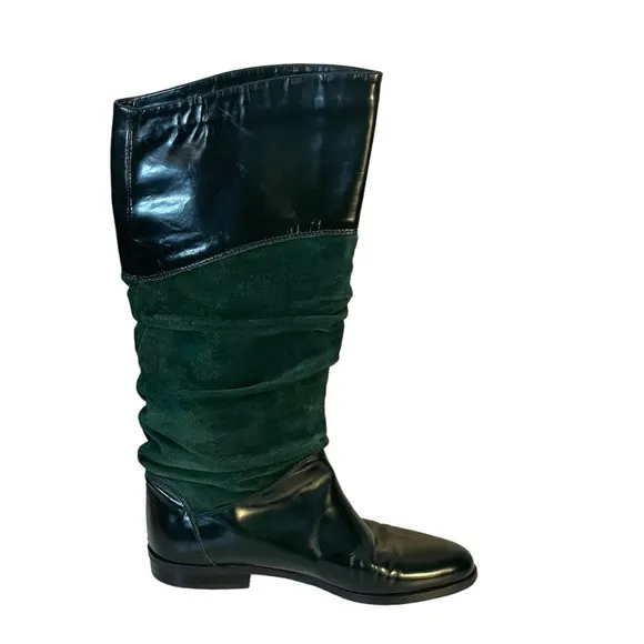 Bellesco Made In Italy Green Leather &amp; Suede Scrunch Pull On Riding Boot  Sz 6.5