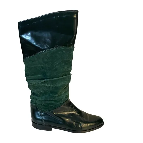 Bellesco Made In Italy Green Leather &amp; Suede Scrunch Pull On Riding Boot  Sz 6.5