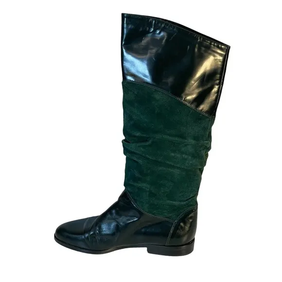 Bellesco Made In Italy Green Leather &amp; Suede Scrunch Pull On Riding Boot  Sz 6.5
