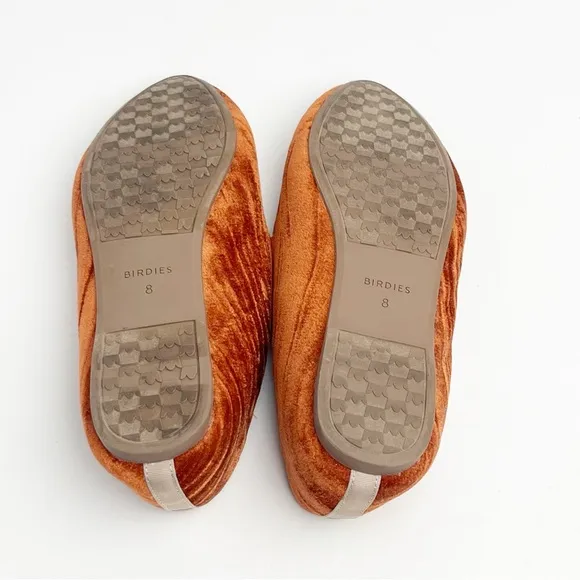 BIRDIES Heron Crushed Velvet Burnt Orange Almond Toe Slip On Loafers, Size 8