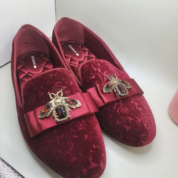 Birdies Starling Flat In Wine Embossed Velvet Bee Loafers Womens Size 10.5