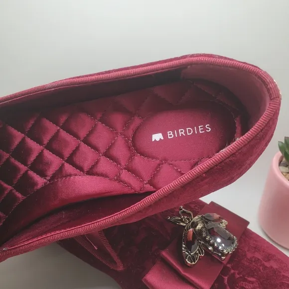 Birdies Starling Flat In Wine Embossed Velvet Bee Loafers Womens Size 10.5