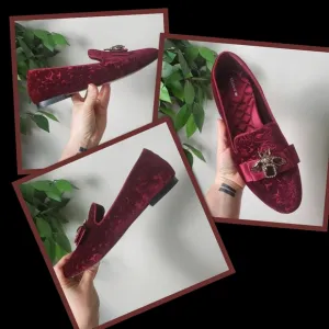 Birdies Starling Flat In Wine Embossed Velvet Bee Loafers Womens Size 10.5