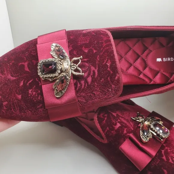 Birdies Starling Flat In Wine Embossed Velvet Bee Loafers Womens Size 10.5