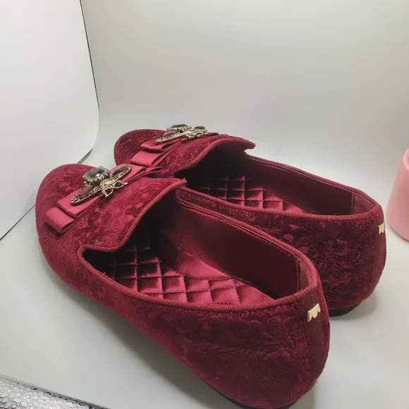 Birdies Starling Flat In Wine Embossed Velvet Bee Loafers Womens Size 10.5