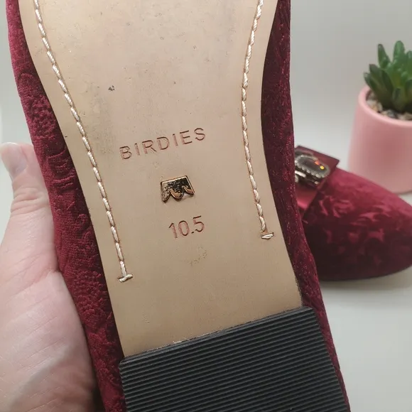Birdies Starling Flat In Wine Embossed Velvet Bee Loafers Womens Size 10.5