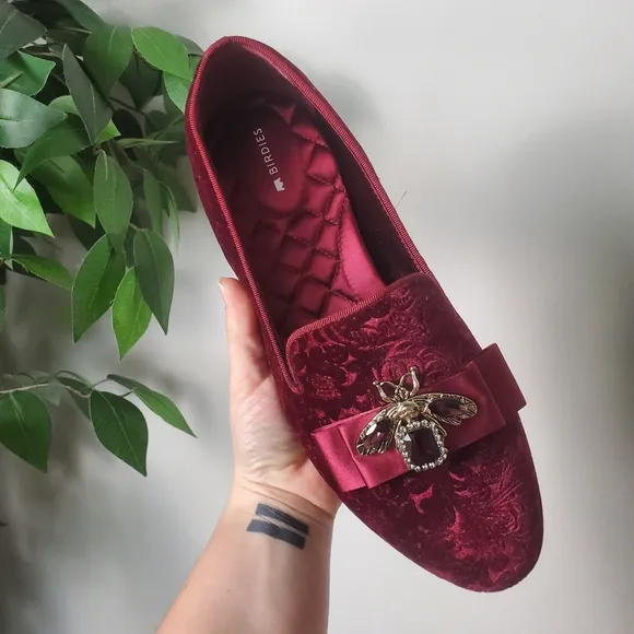 Birdies Starling Flat In Wine Embossed Velvet Bee Loafers Womens Size 10.5